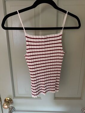 H&M White and Burgundy Ribbed Striped Cotton Tank
